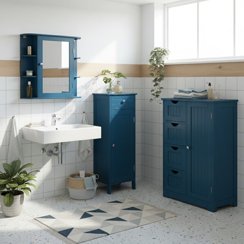 Prussian blue bathroom cabinet with a spacious top and four drawers for organized essentials in a stylish design.