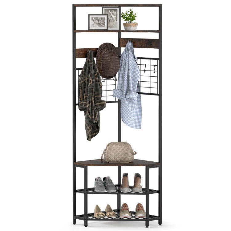 5-tier corner hall tree with a metal frame, adjustable foot pads, and ample storage for shoes and coats in a compact.