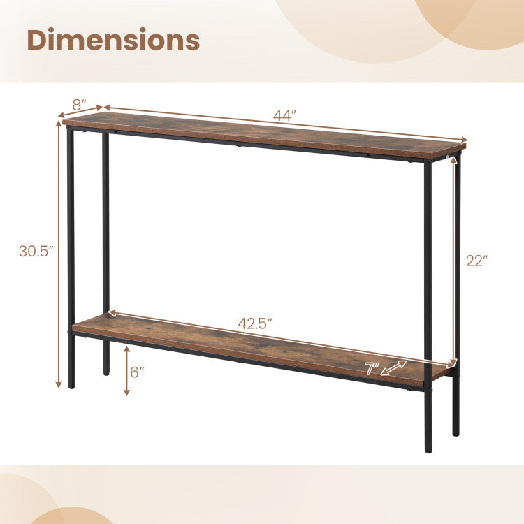 Dimensions of the 44-inch console table from the entryway set, showcasing robust metal structure and ample storage.