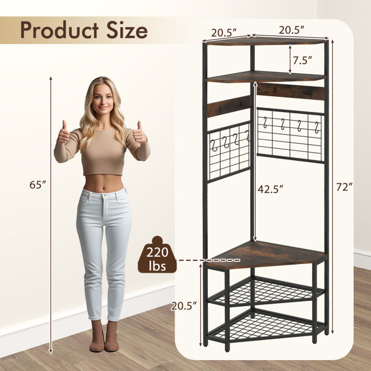 5-tier corner hall tree with metal frame, adjustable foot pads, and ample storage for shoes and clothes in a compact.