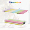 Colorful tri-folding gymnastics mat and balance beam dimensions, featuring high-density foam and waterproof cover for.