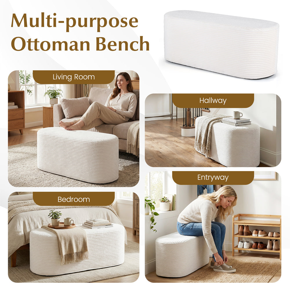 Upholstered beige ottoman bench with corduroy surface, high-density sponge, ideal for living room, hallway, or entryway.