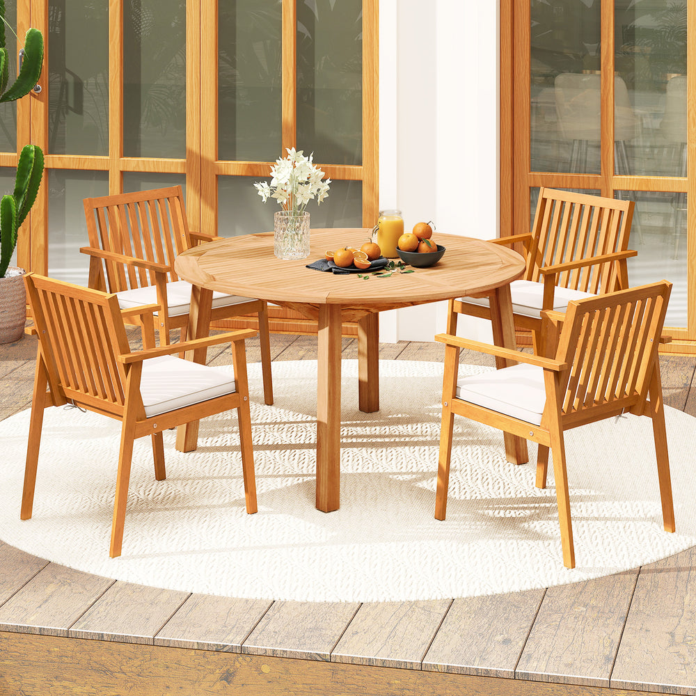 5-piece acacia wood patio dining set with round table and soft seat cushions, perfect for outdoor gatherings.