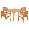 Round acacia wood patio dining set with four chairs, featuring soft cushions and an umbrella hole for outdoor use.