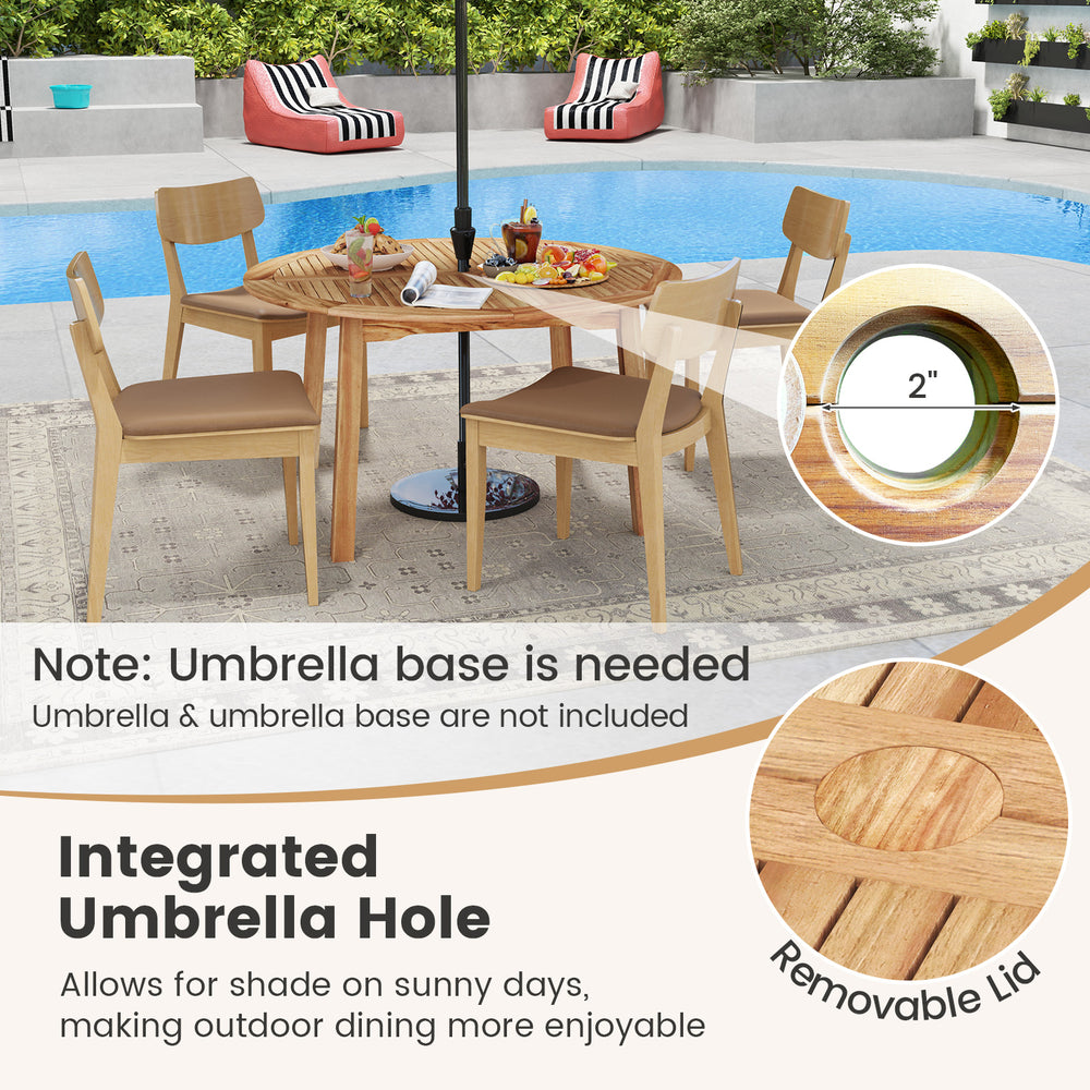 5-piece acacia wood patio dining set featuring a 2" umbrella hole, ideal for outdoor dining and relaxation.