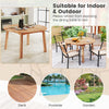 5-piece acacia wood patio dining set with umbrella hole, featuring a smooth surface and soft seat cushions for comfort.