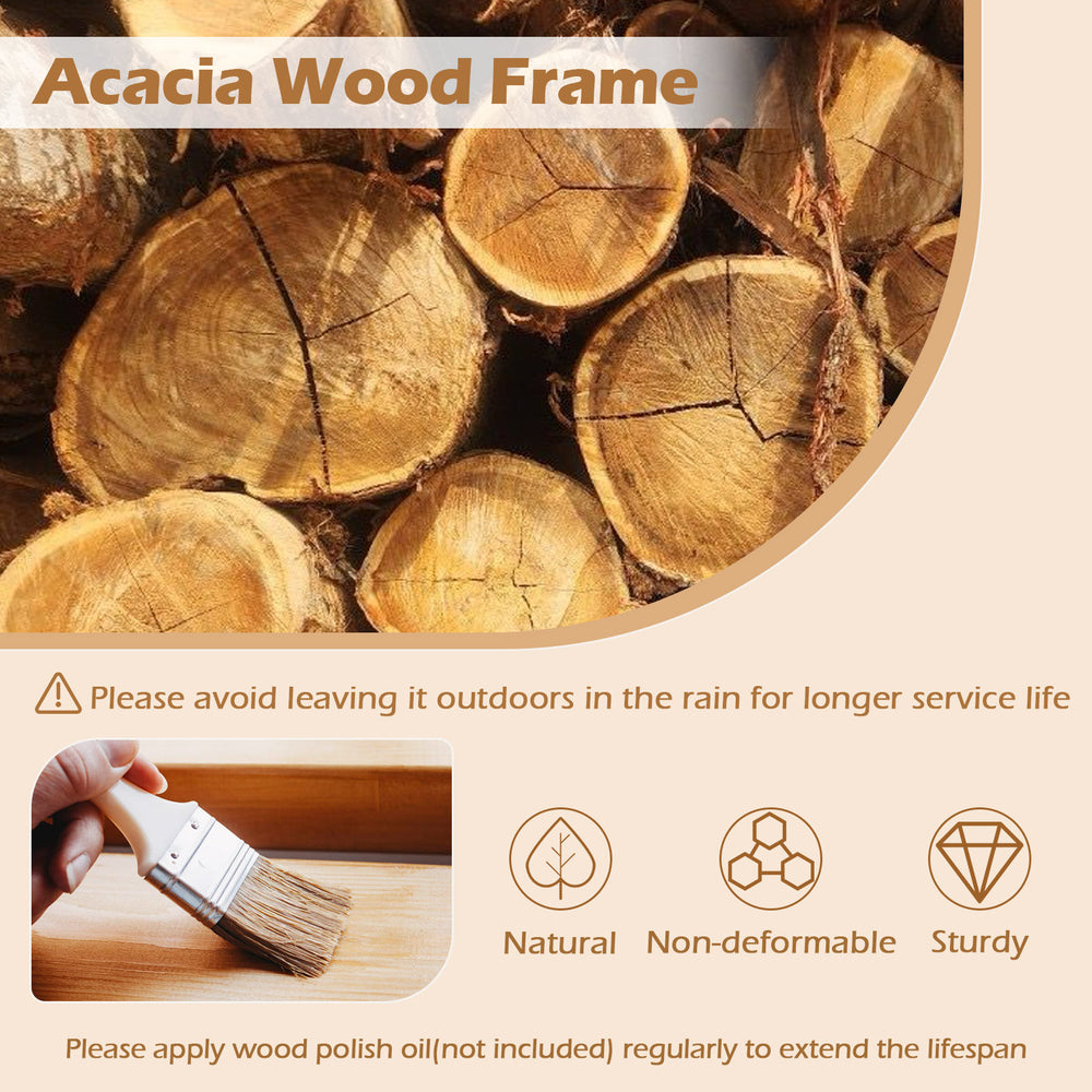 Close-up of acacia wood texture showcasing the sturdy frame of a 5-piece patio dining set with umbrella hole.