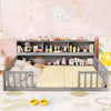 Montessori twin floor bed with gray toy storage cabinet, promoting organization and independence in kids' rooms.