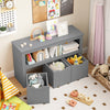 Montessori kids toy storage cabinet in gray with open shelves and bins, perfect for organizing playrooms and bedrooms.