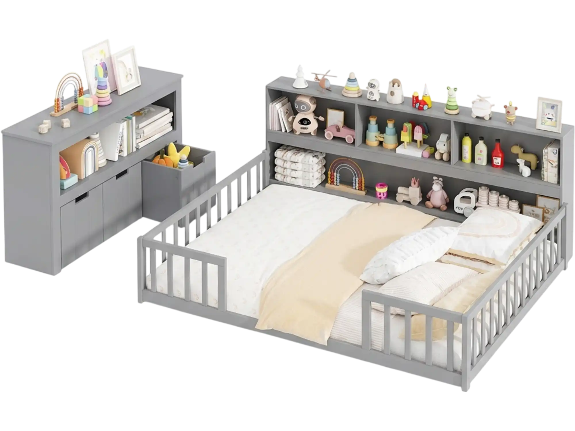 Costway Montessori Twin Floor Bed Toy Storage Cabinet Bundle 76863645 New