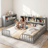 Montessori twin floor bed with gray toy storage cabinet, designed for kids' independence and organization in a modern.