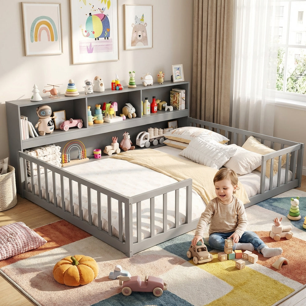 Montessori twin floor bed with toy storage cabinet in gray, promoting independence and organization for kids' spaces.