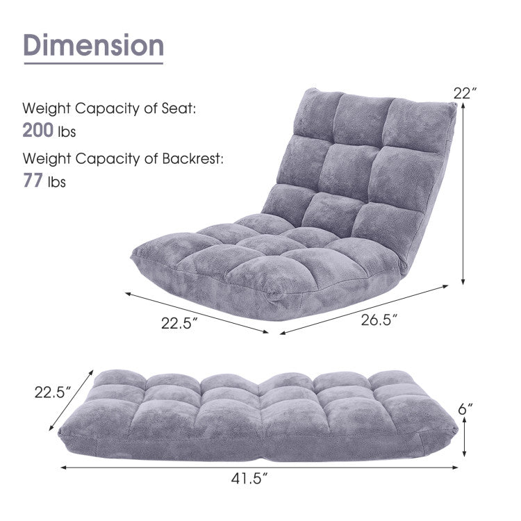 Adjustable floor chair dimensions with thick padded cushion and flannel fabric, perfect for versatile seating.