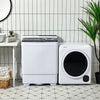Compact washer and dryer laundry combo with dual tubs and stainless steel dryer, perfect for small spaces.