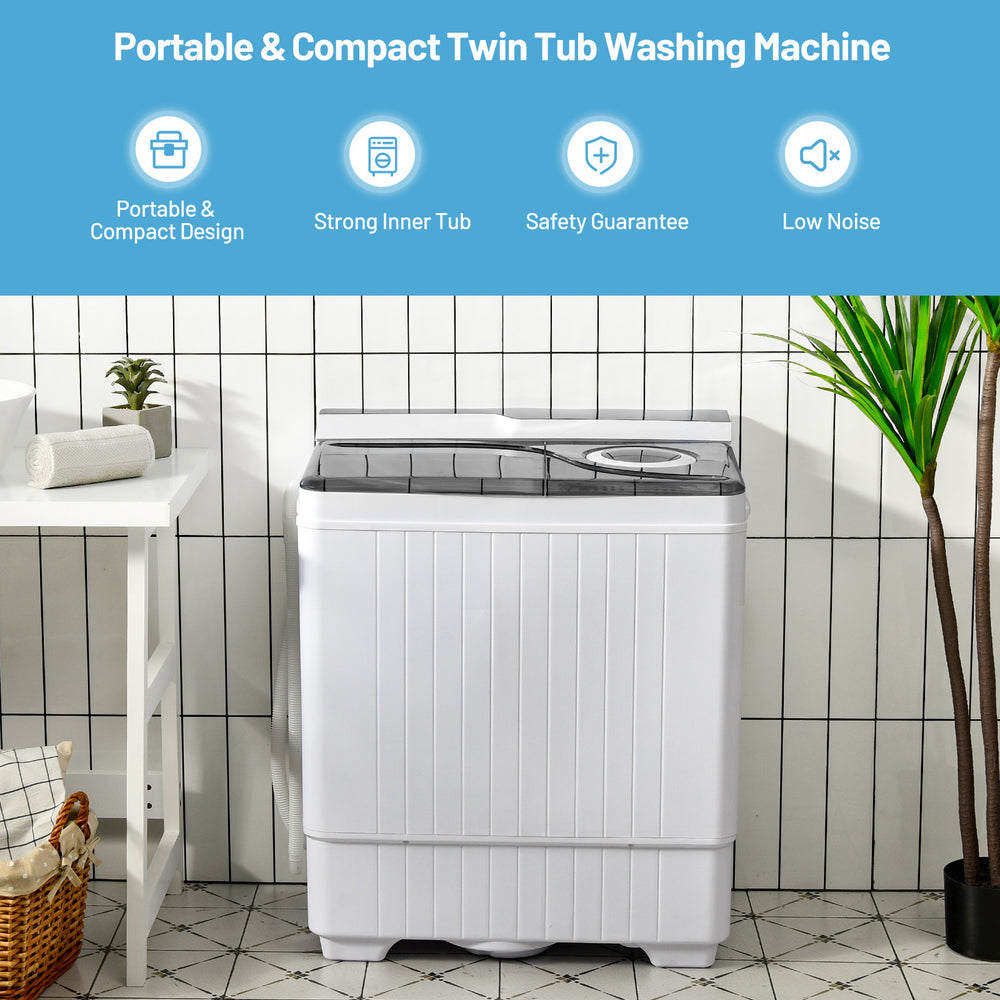 Compact twin tub washing machine with separate wash and spin cycles, ideal for small laundry spaces and apartments.