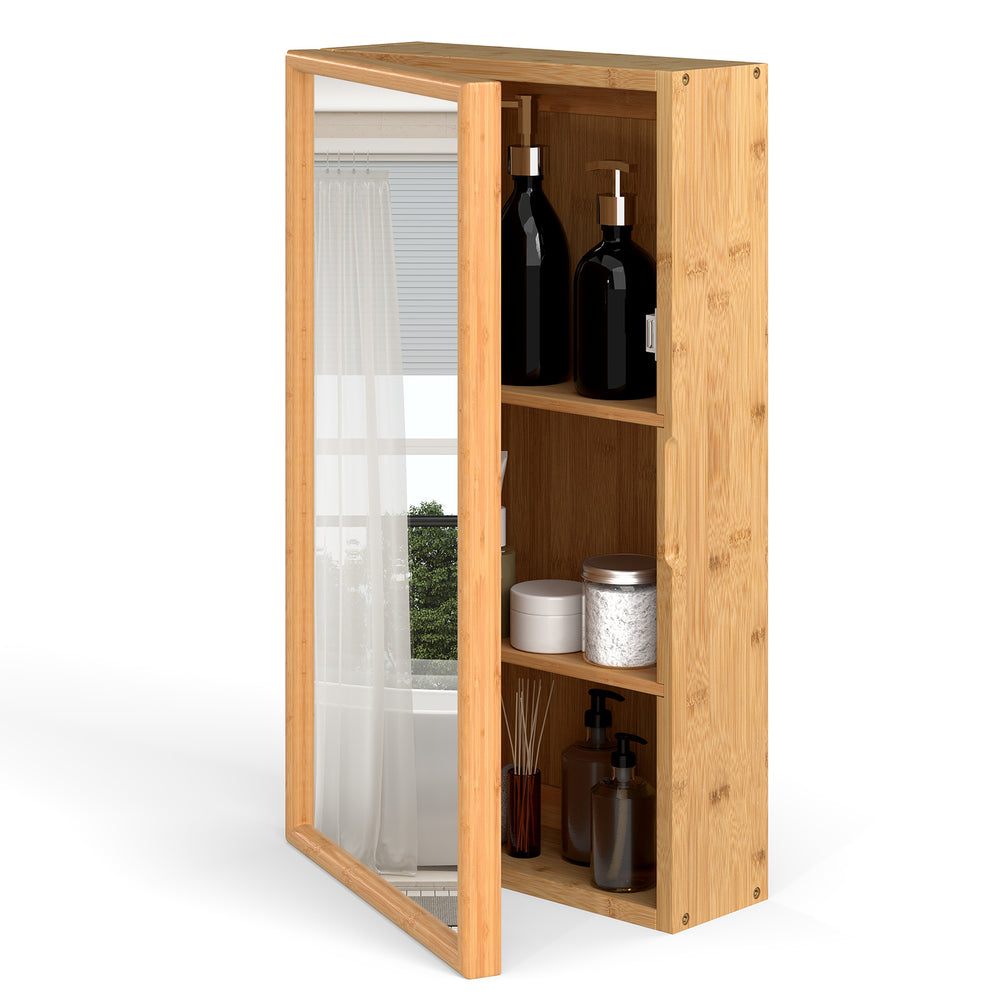 Bamboo small medicine cabinet with mirror door, featuring 3-tier storage and removable shelves for customized.