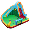 Colorful inflatable water slide park with climbing wall, splash pool, and basketball hoop for endless outdoor fun.