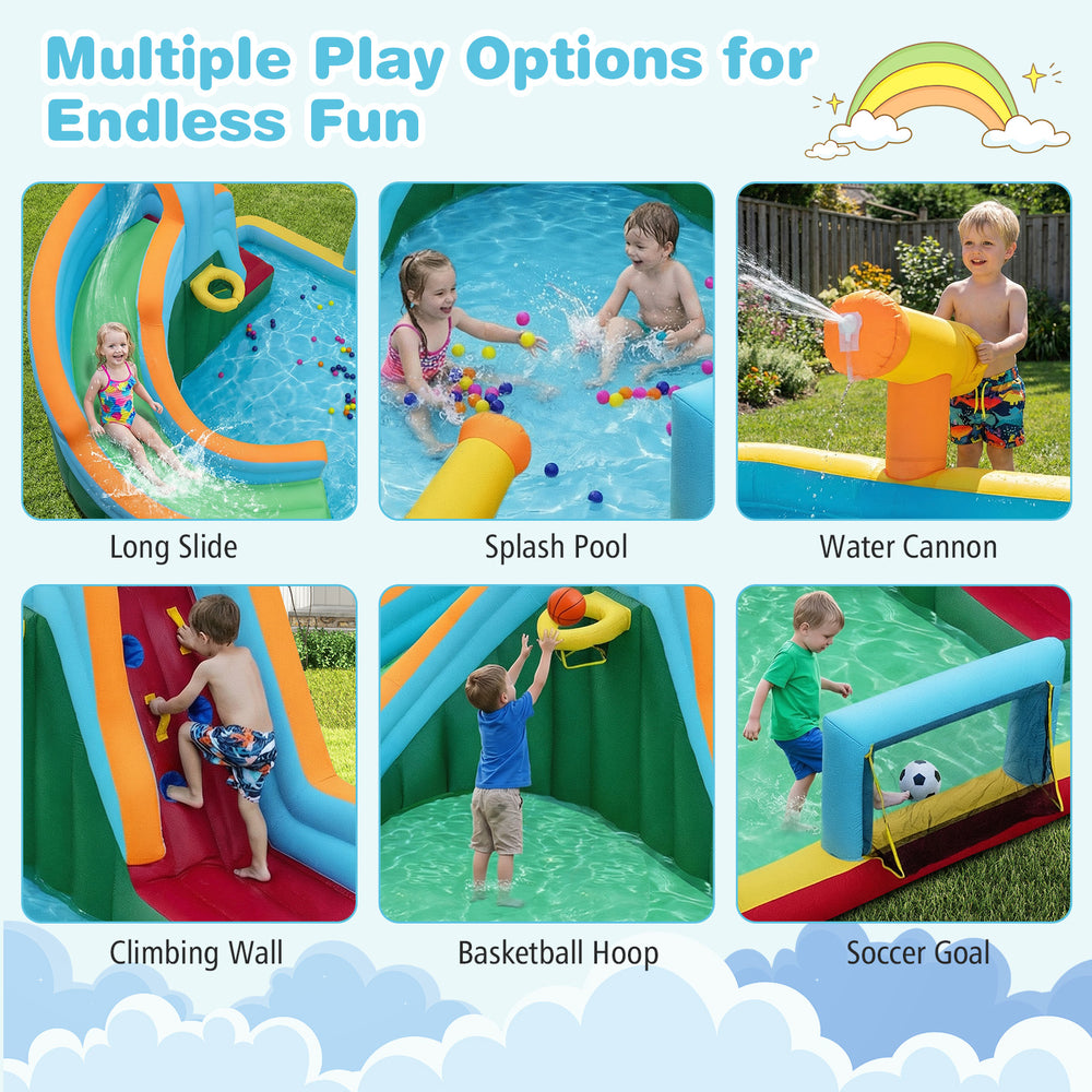 Inflatable water slide park featuring a long slide, climbing wall, splash pool, and water cannon for endless fun.