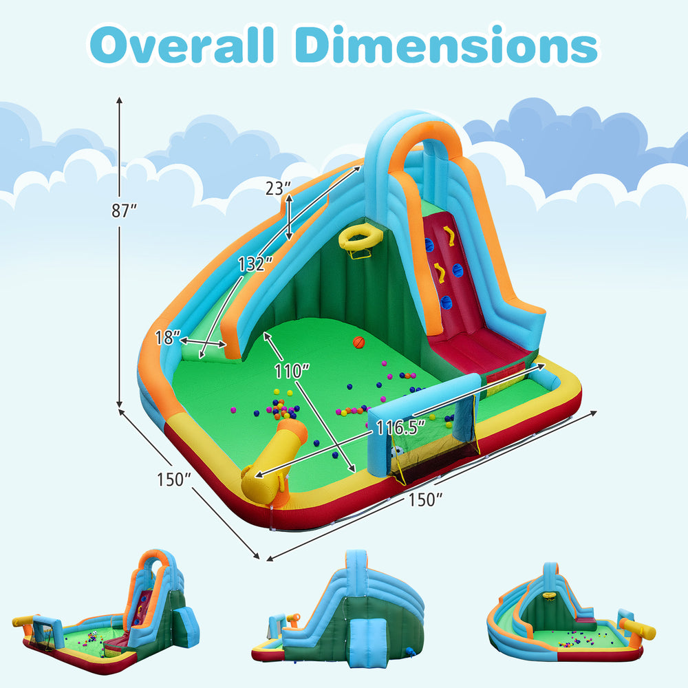 Overall dimensions of the 6-in-1 inflatable water slide park with climbing wall and splash pool for backyard fun.