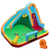 Colorful 6-in-1 inflatable water slide park with climbing wall, splash pool, and basketball hoop for outdoor fun.