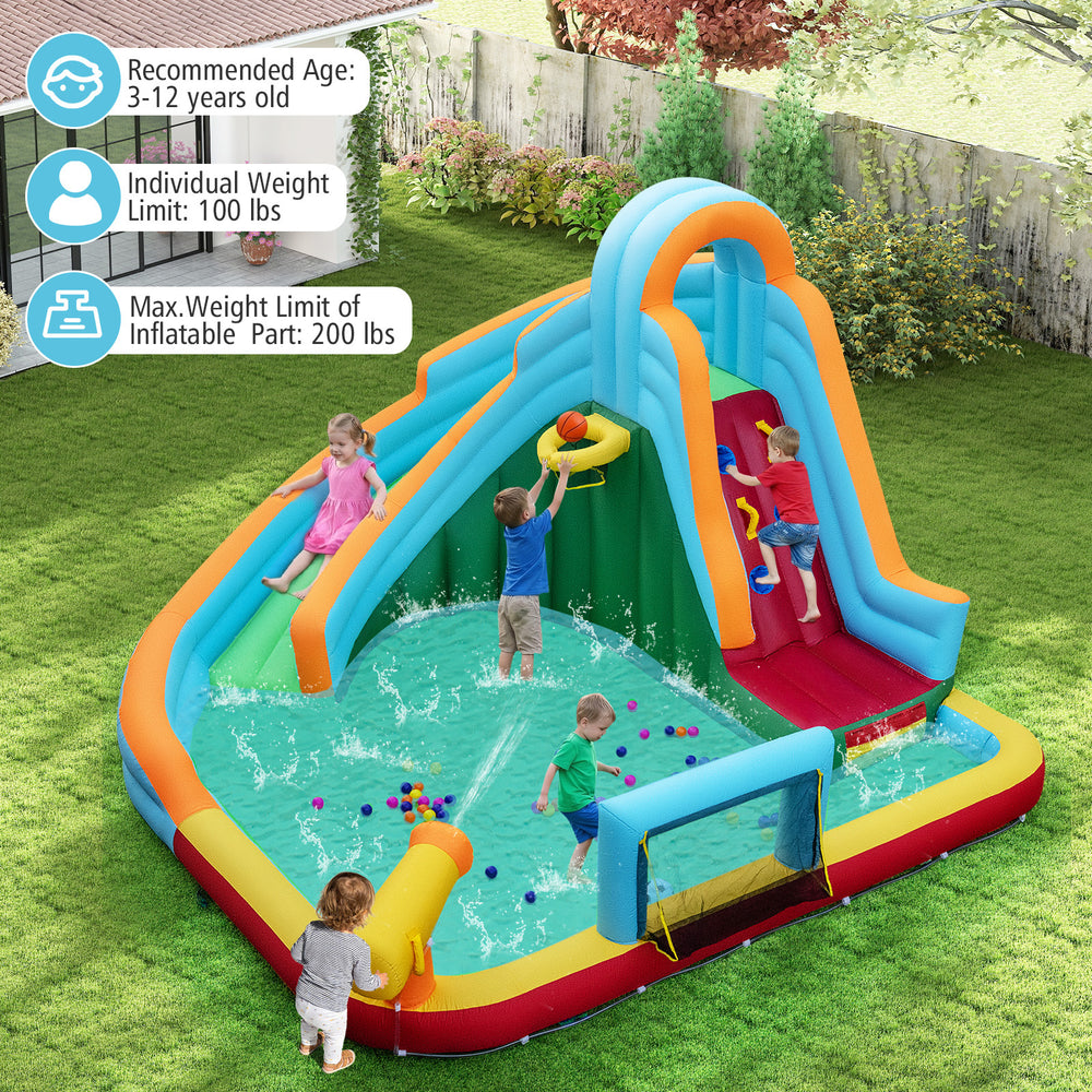 Colorful inflatable water slide park with a spacious splash pool and water cannon, perfect for summer backyard fun.