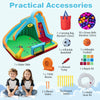 Inflatable water slide park with climbing wall, splash pool, and basketball hoop for outdoor fun and family gatherings.