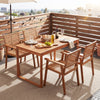 5-piece acacia wood dining set featuring rattan chairs, perfect for outdoor dining on patios or balconies.