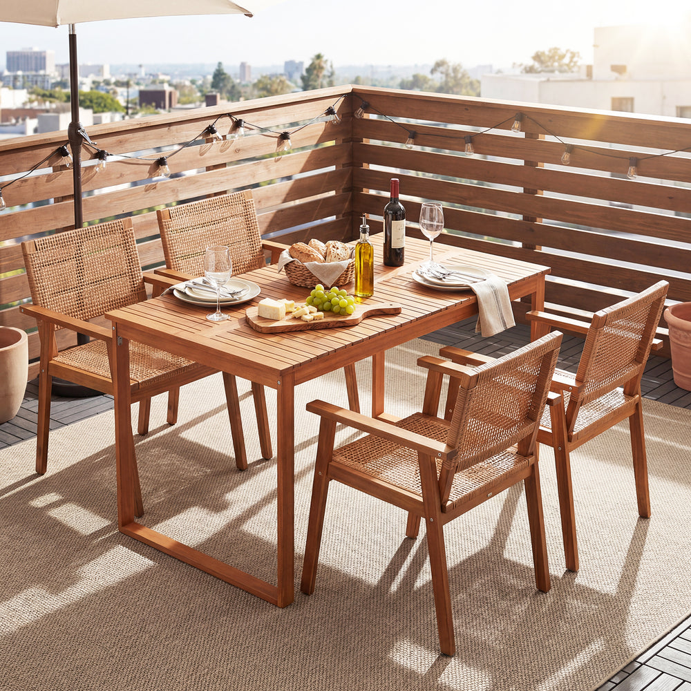 5-piece acacia wood dining set featuring rattan chairs, perfect for outdoor dining on patios or balconies.