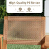 Close-up of hand-woven PE rattan detail on a chair from a 5-piece acacia wood dining set for outdoor use.