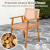 Acacia wood dining chair with rattan seat, showcasing sturdy construction for outdoor dining and stylish comfort.