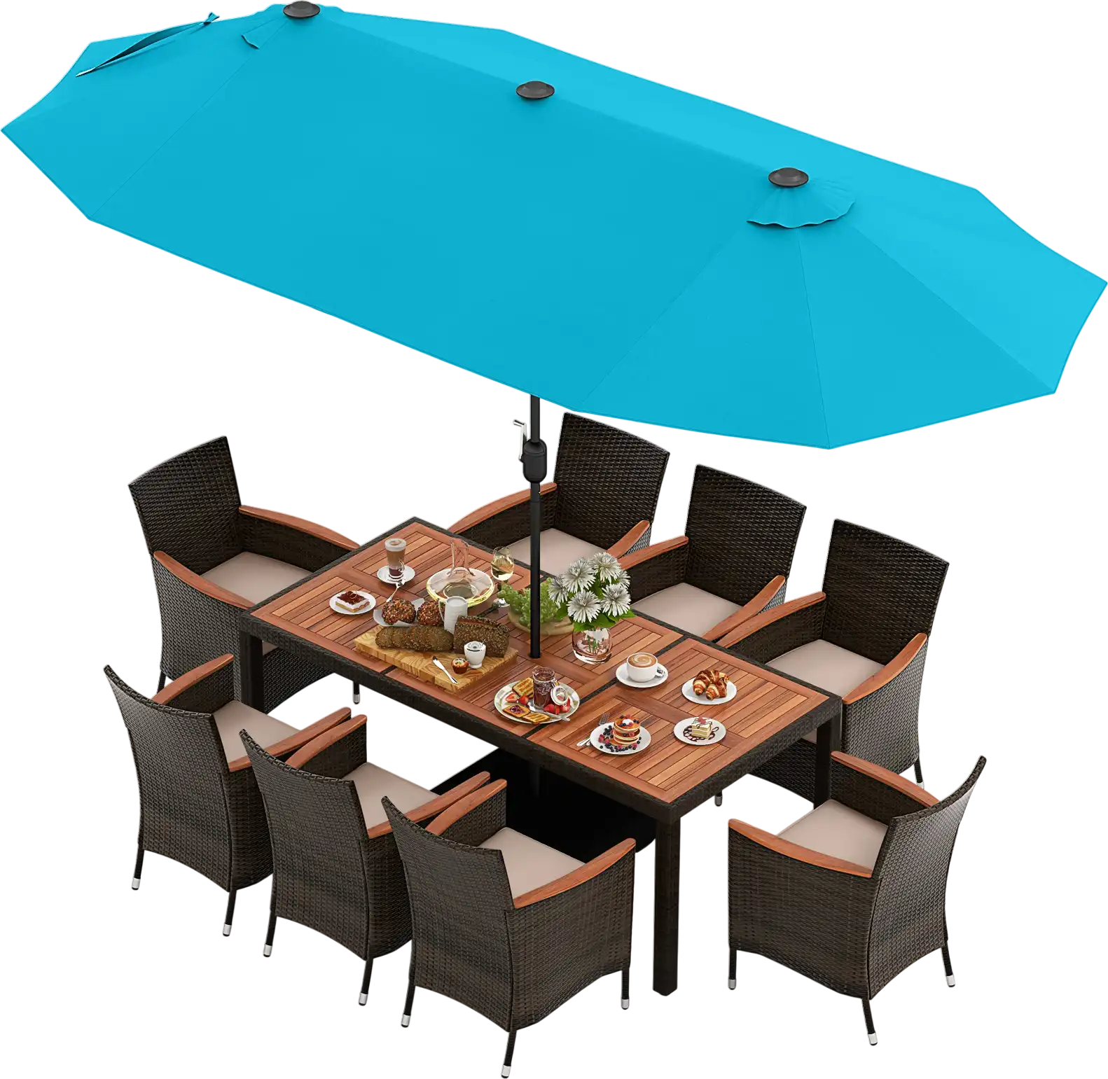 Costway 11-Pc Patio Dining Set w/ 15' Double-Sided Umbrella & 8 Stackable Rattan Chairs 25652813 New