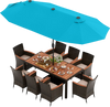 Patio dining set featuring a large acacia wood table and turquoise double-sided umbrella with eight stackable rattan.