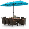 Full view of the 11-piece patio dining set showcasing the turquoise umbrella and spacious acacia wood table for outdoor.