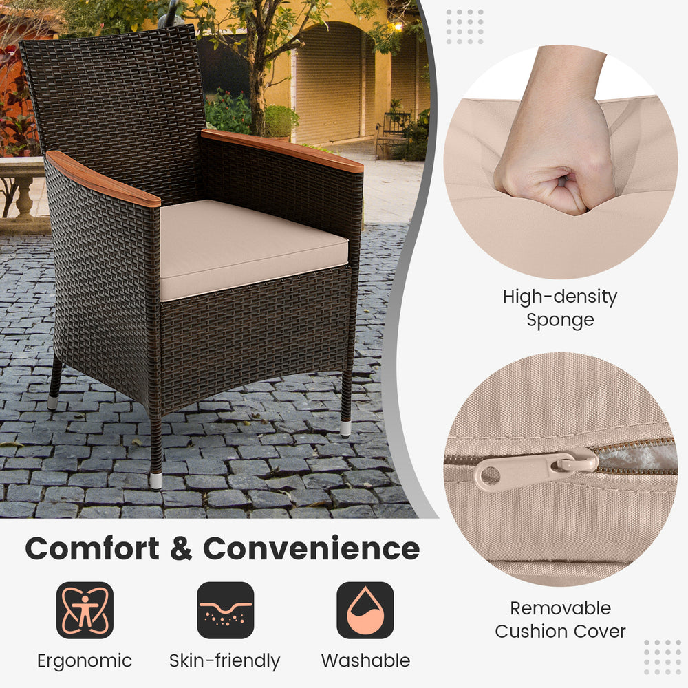 Stackable outdoor rattan chair with soft cushions, ergonomic design, and removable cover for easy cleaning.