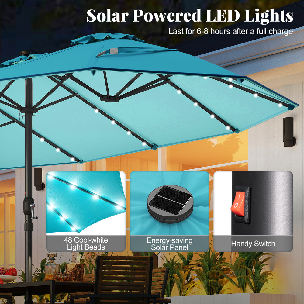 Turquoise 15ft double-sided patio umbrella with solar-powered LED lights, perfect for outdoor dining and ambiance.