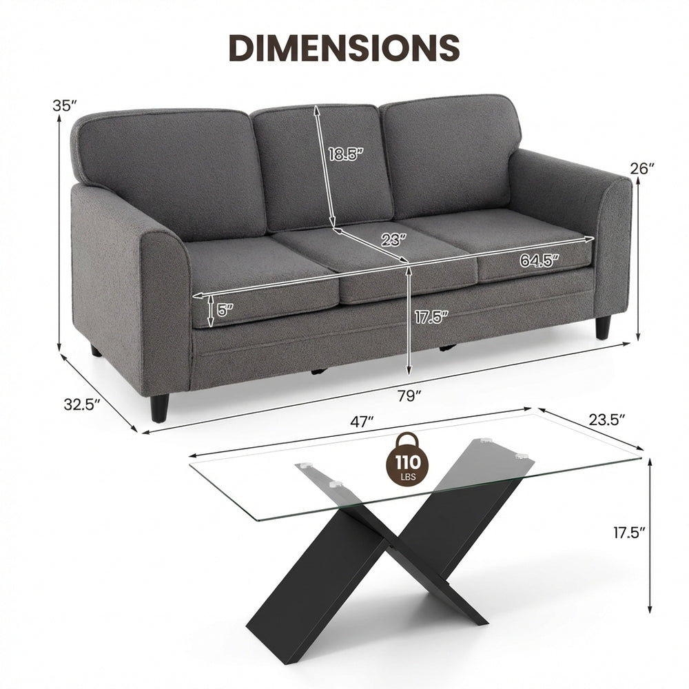 Modern 3-seat teddy velvet sofa with dimensions and 47-inch glass coffee table for stylish living room setups.