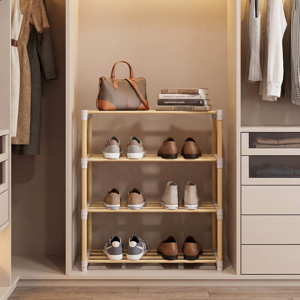 4-tier solid wood shoe rack with slatted shelves, featuring a durable pine frame, ideal for closet or entryway storage.