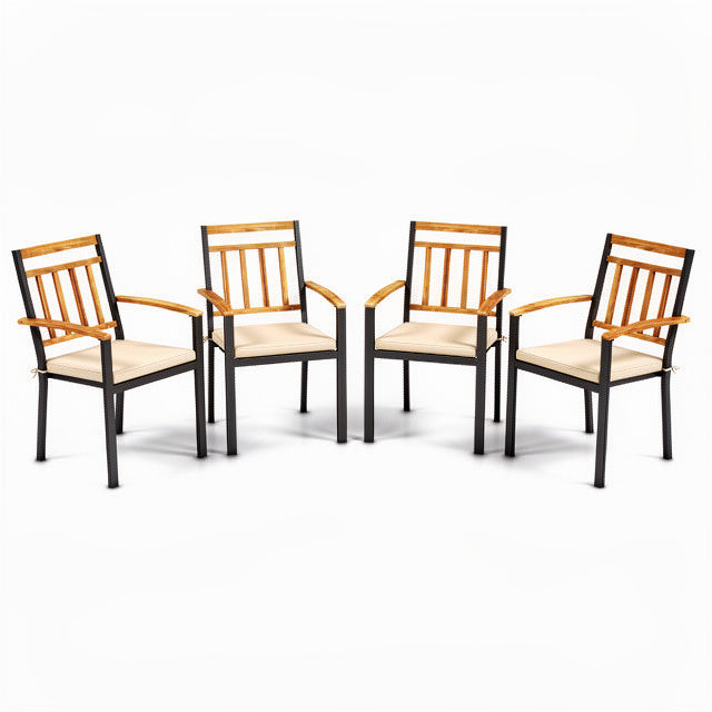 Set of 4 ergonomic patio dining chairs with acacia wood armrests, featuring a sturdy metal frame for outdoor use.