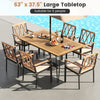 Outdoor dining set featuring a 63" acacia wood tabletop and four ergonomic chairs, perfect for backyard gatherings.