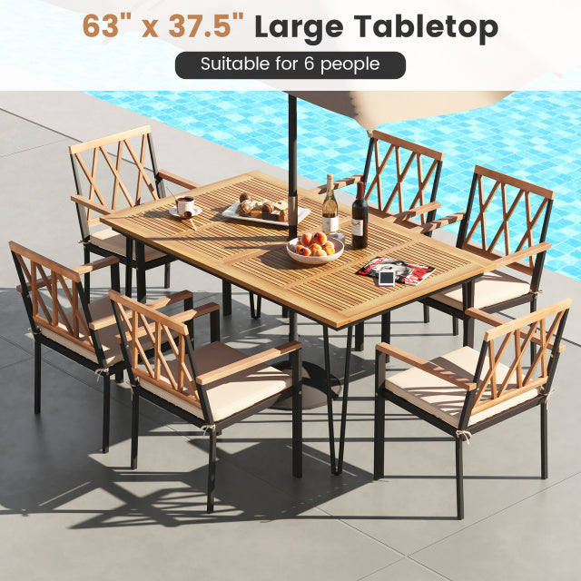Outdoor dining set featuring a 63" acacia wood tabletop and four ergonomic chairs, perfect for backyard gatherings.