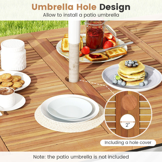 Close-up of the 63-inch outdoor dining table showing the umbrella hole design and acacia wood texture for patio use.