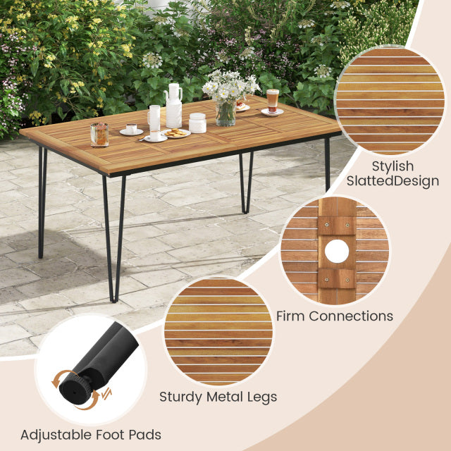 63-inch outdoor dining table with acacia wood top and sturdy metal legs, perfect for backyard or patio dining.