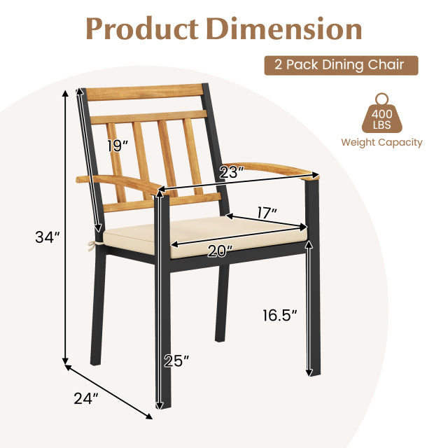 Detailed dimensions of a dining chair with acacia wood armrests, suitable for outdoor patio use.