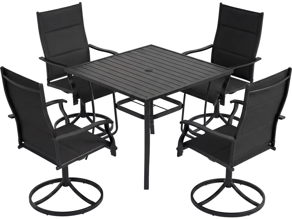 5-piece outdoor dining set featuring a 36-inch square black table and 4 swivel chairs, perfect for patios or gardens.