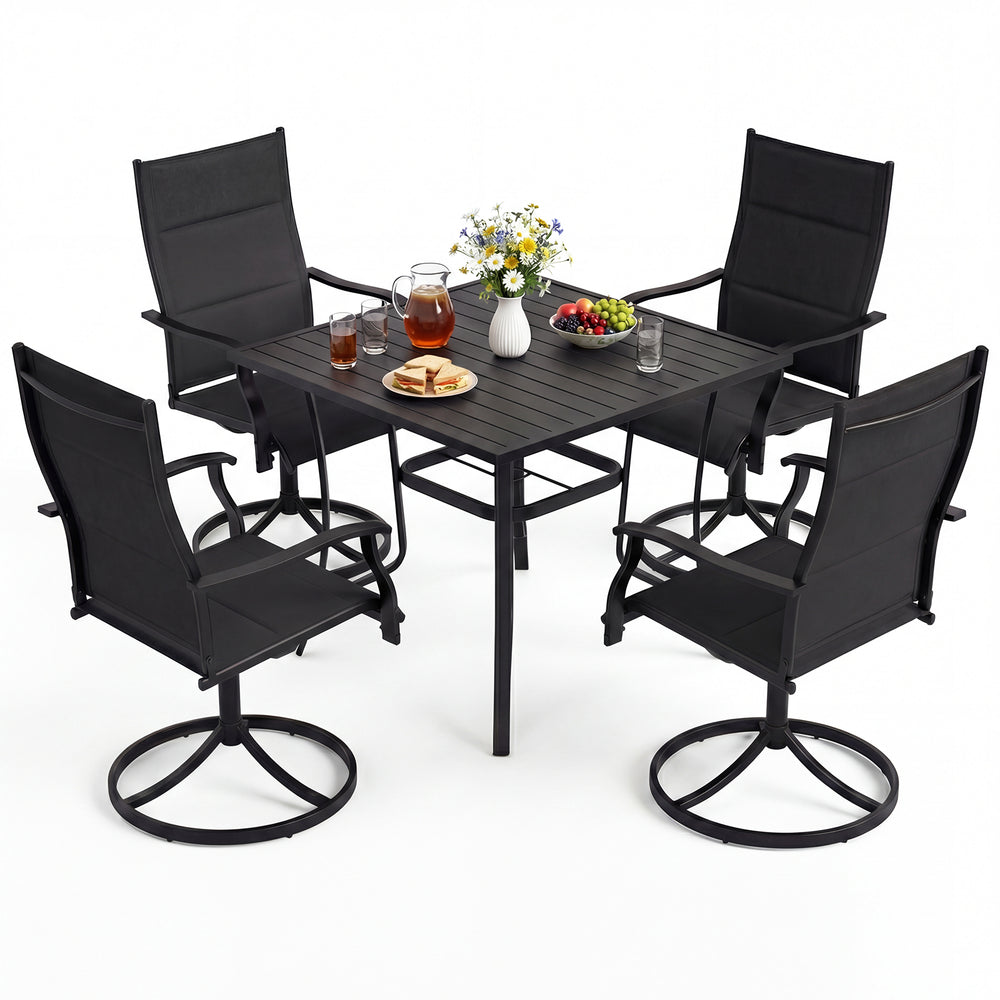 Top view of the 5-piece outdoor dining set with 4 swivel chairs and a square table, ideal for backyard gatherings.