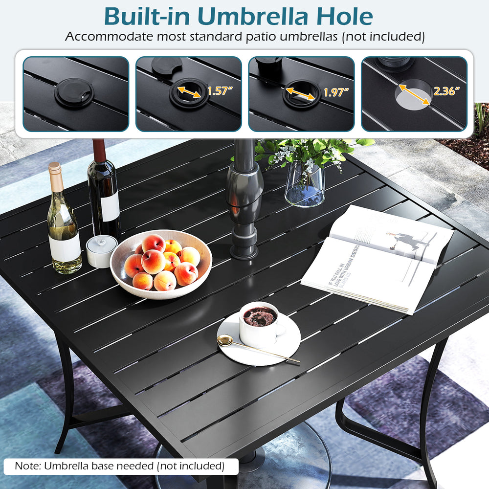 36-inch square black patio table featuring a built-in umbrella hole, perfect for outdoor dining with swivel chairs.