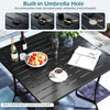 36-inch square black patio table featuring a built-in umbrella hole, perfect for outdoor dining with swivel chairs.