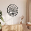 Large 27-inch black metal wall clock featuring a tree of life design, perfect for stylish home decor.