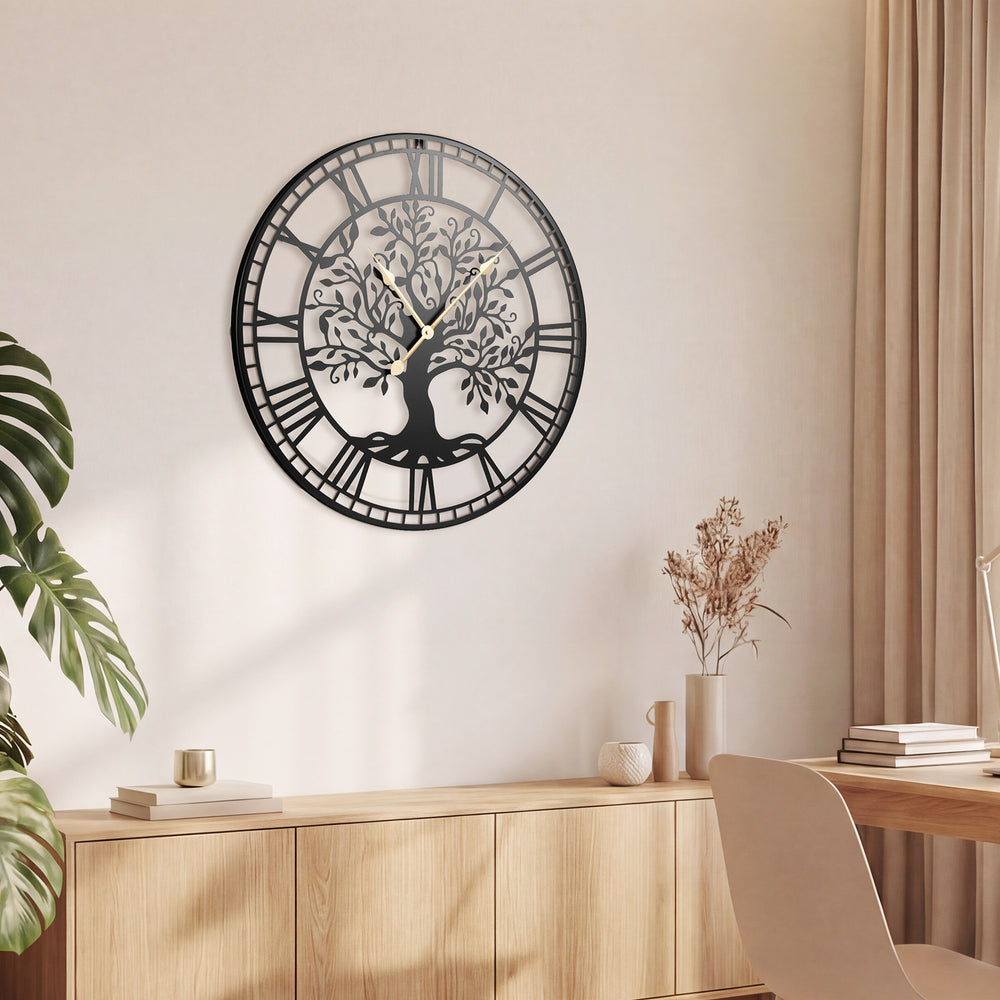 Large 27-inch black metal wall clock featuring a tree of life design, perfect for stylish home decor.