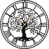 Large 27-inch black metal wall clock showcasing intricate tree of life details, designed for easy time reading and.